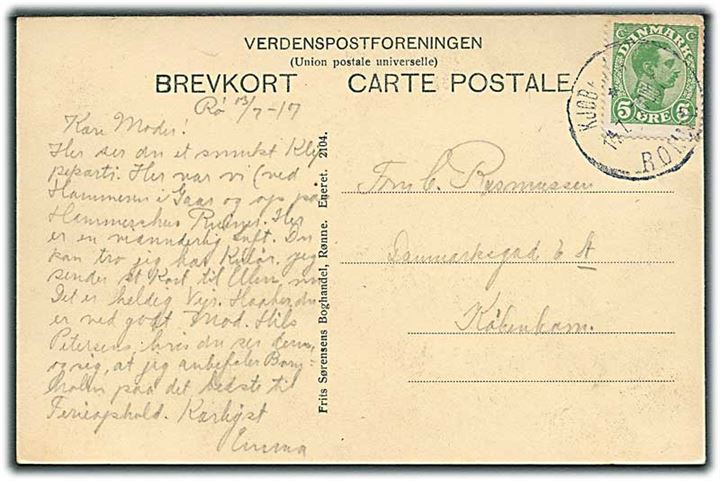 5 øre Chr. X på brevkort dateret Rø d. 13.7.1917 annulleret med sejlende bureaustempel Kjøbenhavn - * Rønne d. 14.7.1917 til København.