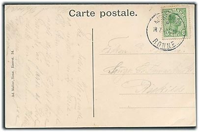 5 øre Chr. X på brevkort (Hammeren Havn) annulleret med sejlende bureaustempel Kjøbenhavn - * Rønne d. 14.7.1917 Post 2 d. 14.7.1917 til Roskilde.