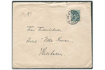 20 øre Våben med variant Hvid plet på S på brev fra Kjøbenhavn d. 16.5.1897 til Wiesbaden, Tyskland.