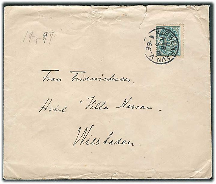 20 øre Våben med variant Hvid plet på S på brev fra Kjøbenhavn d. 16.5.1897 til Wiesbaden, Tyskland.
