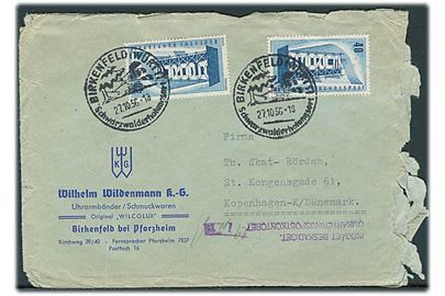 BDR 40 pfg. Europa udg. (2) på brev fra Birkenfeld d. 27.10.1956 til København, Danmark. Revet i højre side med stempel: Indgået beskadiget / Omkarteringspostkontoret