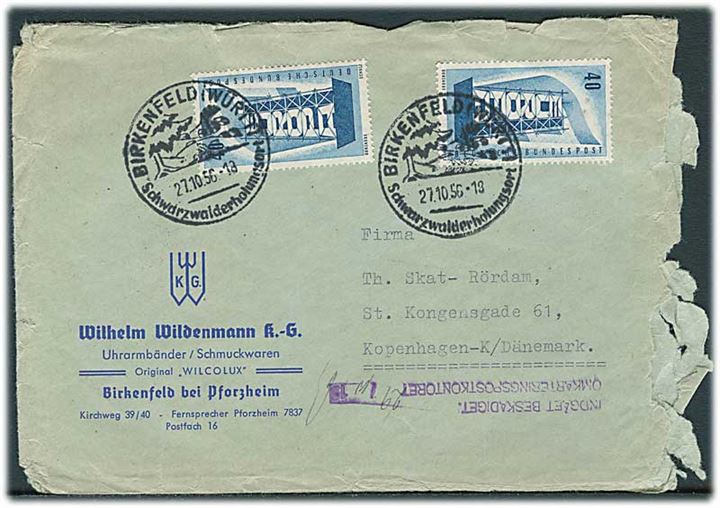 BDR 40 pfg. Europa udg. (2) på brev fra Birkenfeld d. 27.10.1956 til København, Danmark. Revet i højre side med stempel: Indgået beskadiget / Omkarteringspostkontoret