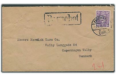 Engelsk 3d George VI med perfin A.B. på brev stemplet København d. 7.6.1949 og sidestemplet Paquebot til København.