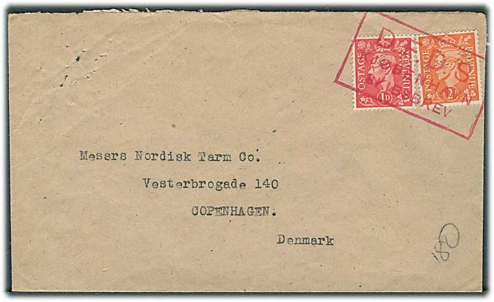Engelsk 1d og 2d George VI med perfin A.B. på brev annulleret med rammestempel D.F.D.S. Skibsbrev Kjøbenhavn til København ca. 1950.