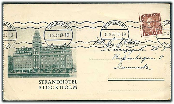 15 öre Gustaf på illustreret foldebrev fra Strandhotel i Stockholm d. 11.9.1937 til København, Danmark.
