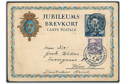 10 öre Gustaf Jubilæums helsagsbrevkort opfrankeret med 10 öre Swedenborg stemplet Göteborg d. 11.6.1938 og Göteborg * Nattflygning Göteborg - Hannover d. 11.6.1938 til Wien, Tyskland.