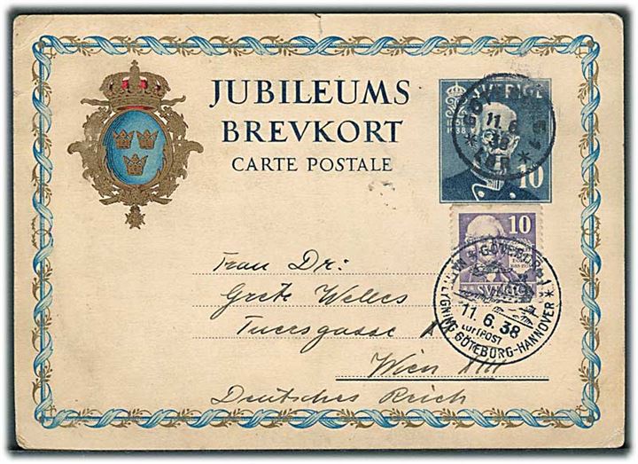 10 öre Gustaf Jubilæums helsagsbrevkort opfrankeret med 10 öre Swedenborg stemplet Göteborg d. 11.6.1938 og Göteborg * Nattflygning Göteborg - Hannover d. 11.6.1938 til Wien, Tyskland.