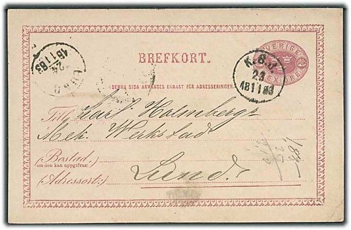 6 öre helsagsbrevkort fra Sölvesborg annulleret med bureaustempel K.S.J. (= Kristianstad-Sölvesborg jernväg) d. 23.11.1883 til Lund.