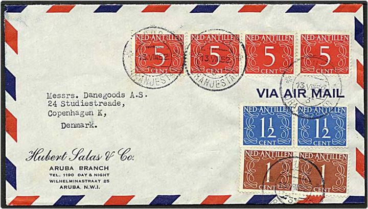 25 cent på luftpostbrev fra Aruba, Hollandske Antiller, d. 13.8.1952 til København.