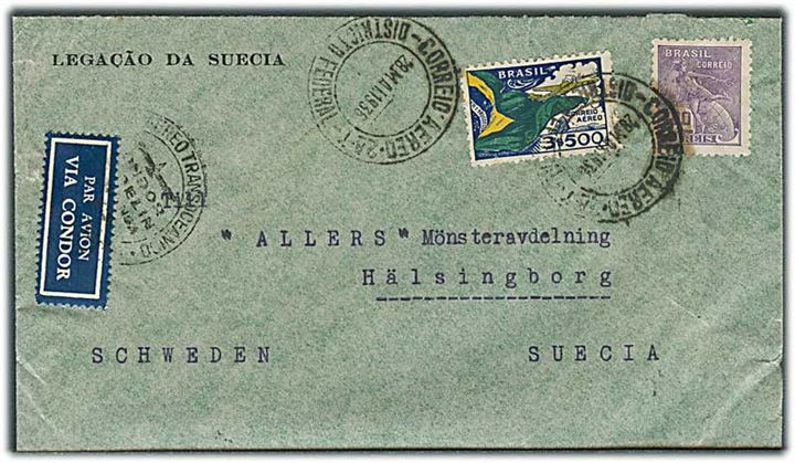700 reis om 3500 reis på luftpostbrev fra svenske legation i Rio de Janeiro d. 28.5.1936 til Helsingborg, Sverige.
