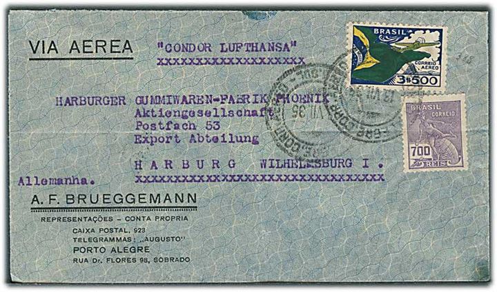700 reis om 3500 reis på luftpostbrev fra Porto Alegre d. 18.7.1935 til Harburg, Tyskland. Påskrevet Condor Lufthansa.