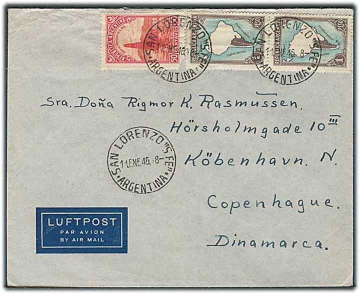 2,50 p. frankeret luftpostbrev fra San Lorenzo d. 11.1.1946 til København, Dannmark. Fra sømand ombord på ØK-skibet M/S Falstria.