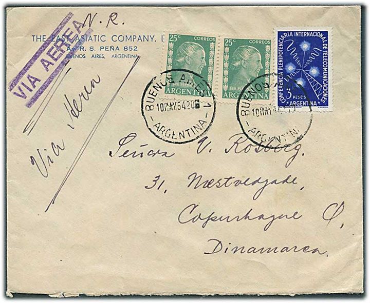 3,50 pesos blandingsfrankeret fortrykt Østasiatisk Kompagni kuvert sendt som luftpost fra Buenos Aires d. 10.5.1954 til København, Danmark.