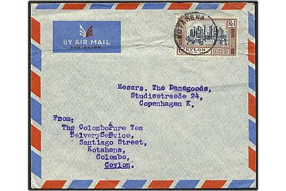 1 rupe brun på luftpostbrev fra Kotahena, Ceylon, d. 27.8.1951 til København.