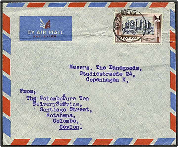 1 rupe brun på luftpostbrev fra Kotahena, Ceylon, d. 27.8.1951 til København.