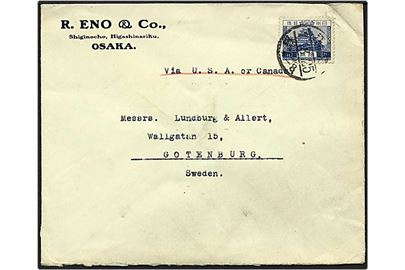 10 sen blå på brev via USA eller Canada fra Osaka, Japan, d. 7.8.1925 til Göteborg, Sverige.