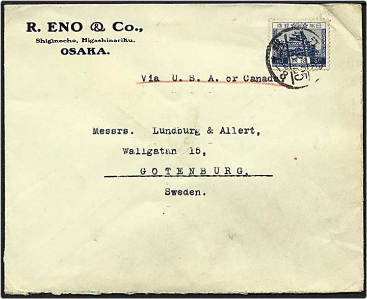10 sen blå på brev via USA eller Canada fra Osaka, Japan, d. 7.8.1925 til Göteborg, Sverige.