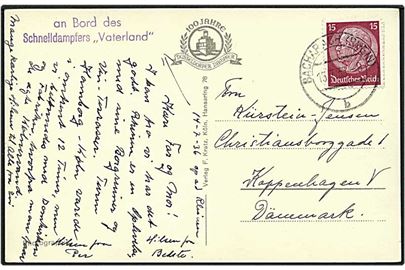15 pfennig på skibspost kort fra Bacharach, Tyskland, d. 15.7.1936 til København.