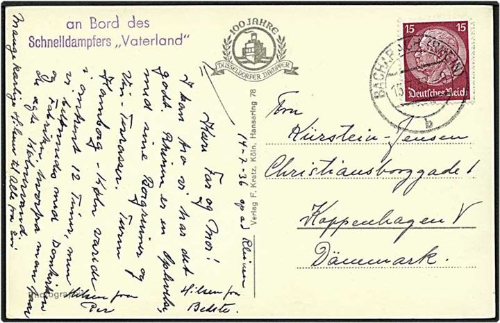 15 pfennig på skibspost kort fra Bacharach, Tyskland, d. 15.7.1936 til København.