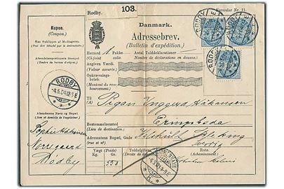 20 øre Våben (3) på 60 øre frankeret internationalt adressekort for pakke fra Rødby d. 4.5.1904 til Kalshult, Sverige.