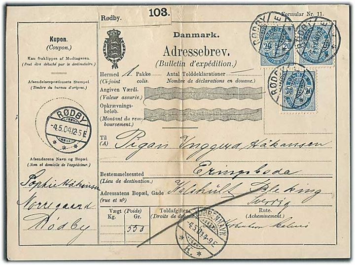 20 øre Våben (3) på 60 øre frankeret internationalt adressekort for pakke fra Rødby d. 4.5.1904 til Kalshult, Sverige.