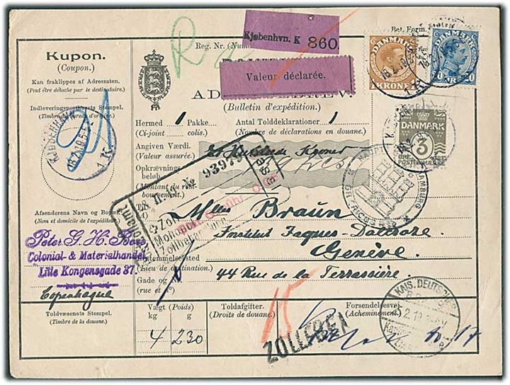 3 øre Bølgelinie, 20 øre og 1 kr. Chr. X på 123 øre frankeret internationalt adressekort for værdipakke fra Kjøbenhavn d. 18.2.1919 via Hamburg og Basel til Genéve, Schweiz.