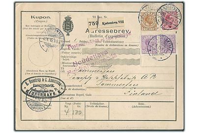 15 øre (par), 50 øre og 1 kr. Chr. X på internationalt adressekort for pakke fra Kjøbenhavn d. 17.4.1915 via Helsingfors til Tammerfors, Finland.