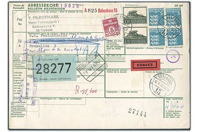 5 øre Bølgelinie, 5 kr. Rigsvåben (4) og 1,50 kr. Dansk Fredning (2) på internationalt adressekort for eksprespakke fra København d. 16.6.1969 til Bruxelles, Belgien.