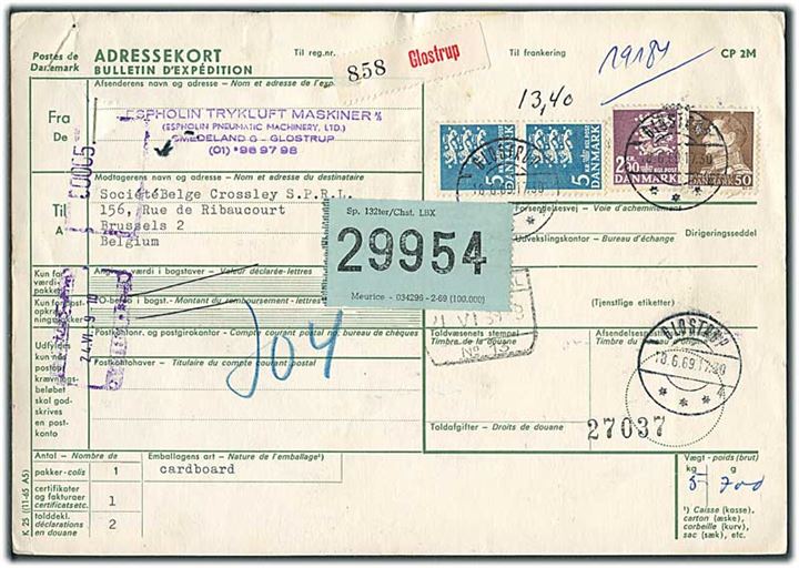 50 øre Fr. IX, 2,90 kr. og 5 kr. (2) Rigsvåben på internationalt adressekort for pakke fra Glostrup d. 18.6.1969 til Bruxelles, Belgien.