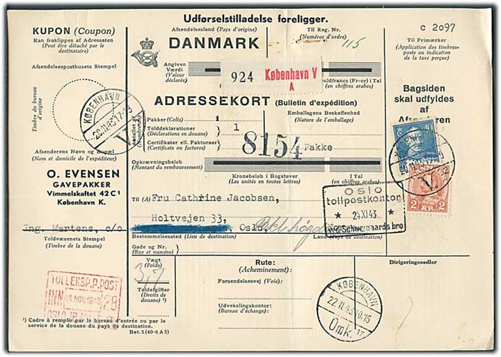 40 øre og 2 kr. Chr. X på internationalt adressekort for gavepakke fra København d. 20.11.1943 til Bækkelagshøgda, Norge.