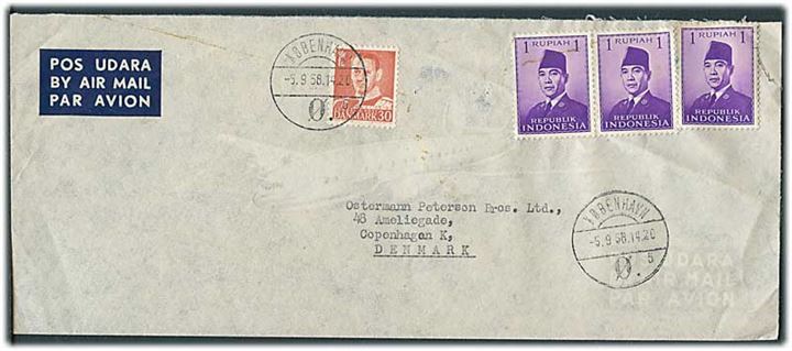 Indonesien 1 rup. på diplomatbrev fra den amerikanske ambassade i Djakarta i Indonesien sendt med kurérpost til Danmark og frankeret 30 øre Fr. IX stemplet København d. 5.9.1958 til København.