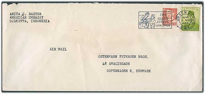 Indonesien 4 rup. på diplomatbrev fra den amerikanske ambassade i Djakarta i Indonesien sendt med kurérpost til Danmark og frankeret 30 øre Fr. IX stemplet København d. 6.11.1957 til København.
