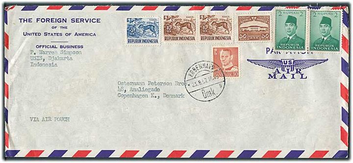 Indonesien 4,75 rup. på diplomatbrev fra USIS (U.S. Information Service) i Djakarta, Indonesien sendt med kurérpost til Danmark og frankeret 30 øre Fr. IX stemplet København d. 23.8.1957 til København.