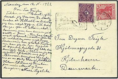 2,40 mark på postkort fra Baden-Baden, Tyskland, d. 12.6.1922 til København. Reklamestempel med galopløb.