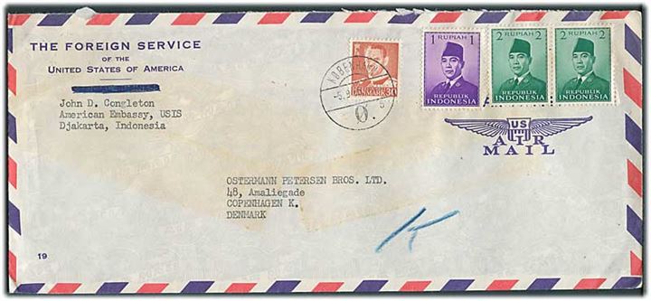 Indonesien 4,75 rup. på diplomatbrev fra USIS (U.S. Information Service) i Djakarta, Indonesien sendt med kurérpost til Danmark og frankeret 30 øre Fr. IX stemplet København d. 5.9.1958 til København.