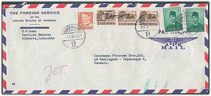 Indonesien 5,50 rup. på diplomatbrev fra American Embassy i Djakarta, Indonesien sendt med kurérpost til Danmark og frankeret 30 øre Fr. IX stemplet København d. 8.8.1958 til København.
