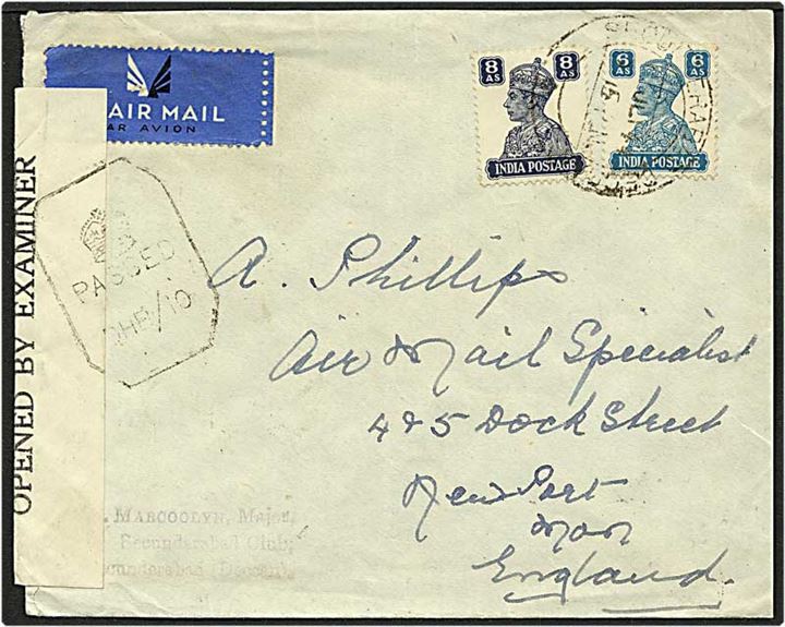 14 anna på luftpostbrev fra Secunderabad, Indien, d. x.6.1944 til England. Engelsk censur.