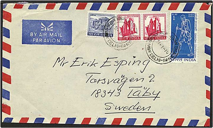 Luftpostbrev fra New Delhi, Indien, d. 21.1.1970 til Täby, Sverige.