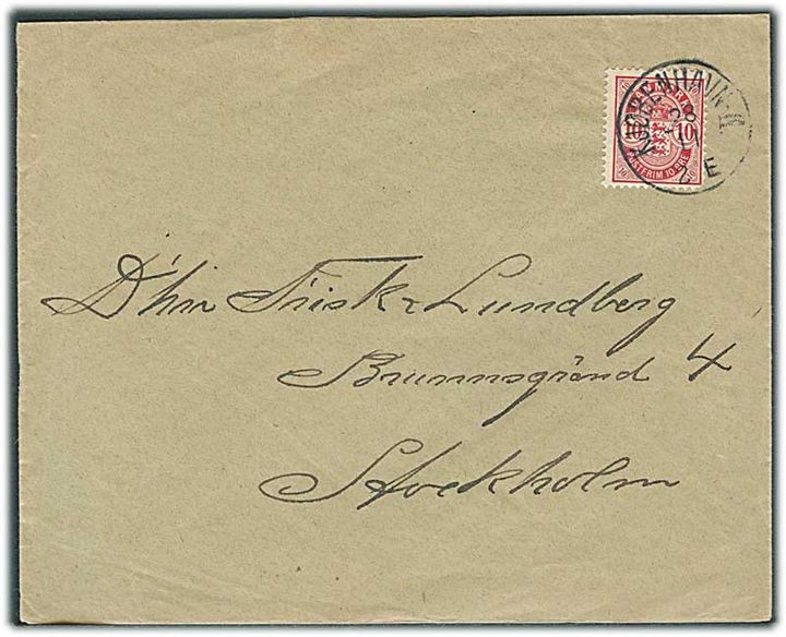 10 øre Våben single på brev fra Kjøbenhavn d. 28.11.1902 til Stockholm, Sverige.