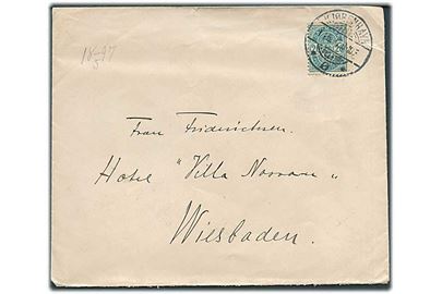 20 øre Våben med matricefejl Brud på ydre cirkel om højre 20 single på brev fra Kjøbenhavn d. 14.5.1897 til Wiesbaden, Tyskland.