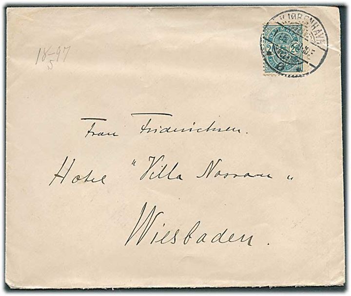 20 øre Våben med matricefejl Brud på ydre cirkel om højre 20 single på brev fra Kjøbenhavn d. 14.5.1897 til Wiesbaden, Tyskland.