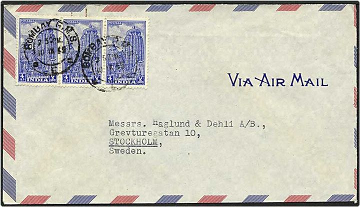 Luftpostbrev fra Bombay, Indien, d. 10.9.1959 til Stockholm, Sverige.