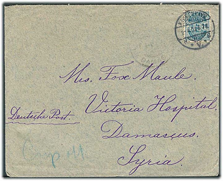 20 øre Våben med matricefejl Farveløs plet på S i Post single på brev fra Kjøbenhavn d. 2.4.1903 til Damaskus, Syrien.