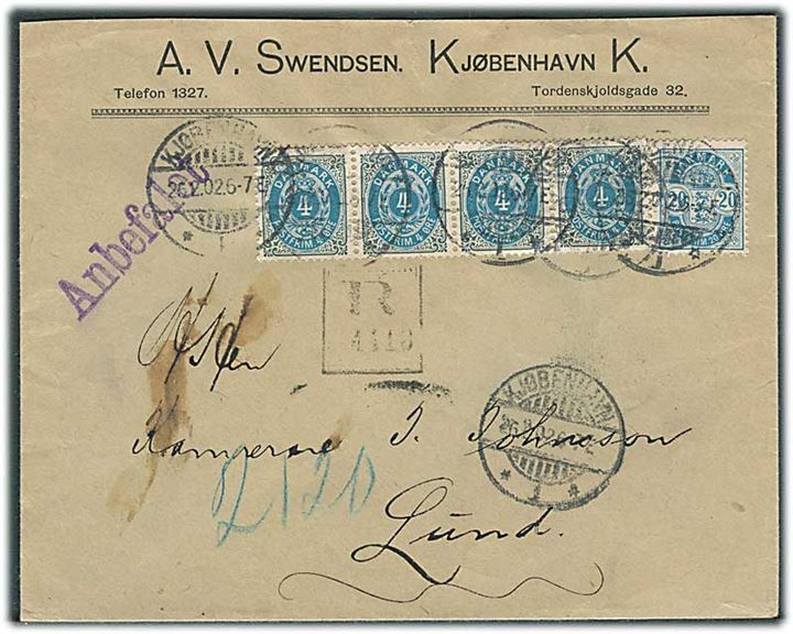 4 øre Tofarvet omv. ramme 118. tryk i 4-stribe og 20 øre Våben på anbefalet brev fra Kjøbenhavn d. 26.2.1902 til Lund, Sverige.