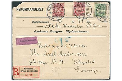 5 øre og 10 øre (2) Våben på anbefalet brev med opkrævning fra Kjøbenhavn d. 20.10.1903 til postexpeditør ved bureau Pkxp No. 79 i Filipstad, Sverige. På bagsiden transit stempel PKXP No. 43 C d. 21.10.1903.
