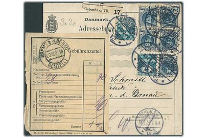 4 øre (2) Bølgelinie og 20 øre Fr. VIII (5) på 108 øre frankeret internationalt adressekort for pakke fra Kjøbenhavn d. 17.3.1907 via Berlin til Krems a. d. Donau, Østrig. Påsat østrigsk Gebührenzettel. 