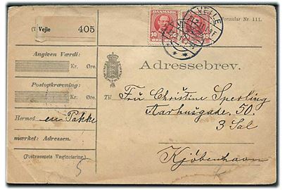 10 øre Fr. VIII (2) på adressebrev fra Veile d. 21.2.1911 til Kjøbenhavn. 