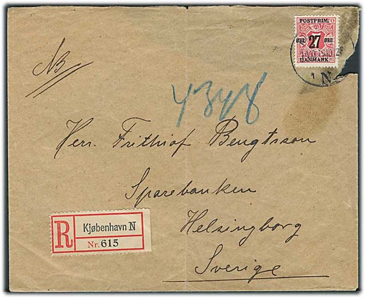 27/7 øre Provisorium single på anbefalet brev fra Kjøbenhavn d. 14.10.1918 til Helsingborg, Sverige. Skade i højre hjørne, samt del af bagklap mgl.
