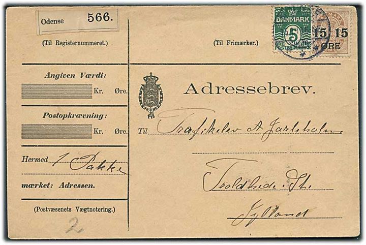 5 øre Bølgelinie og 15/24 øre Provisorium på adressebrev for pakke fra Odense d. 15.1.1913 til Troldhede St.