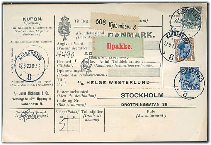 40 øre, 1 kr. og 2 kr. Chr. X på internationalt adressekort for ilpakke fra Kjøbenhavn 8 d. 27.8.1923 til Stockholm, Sverige.